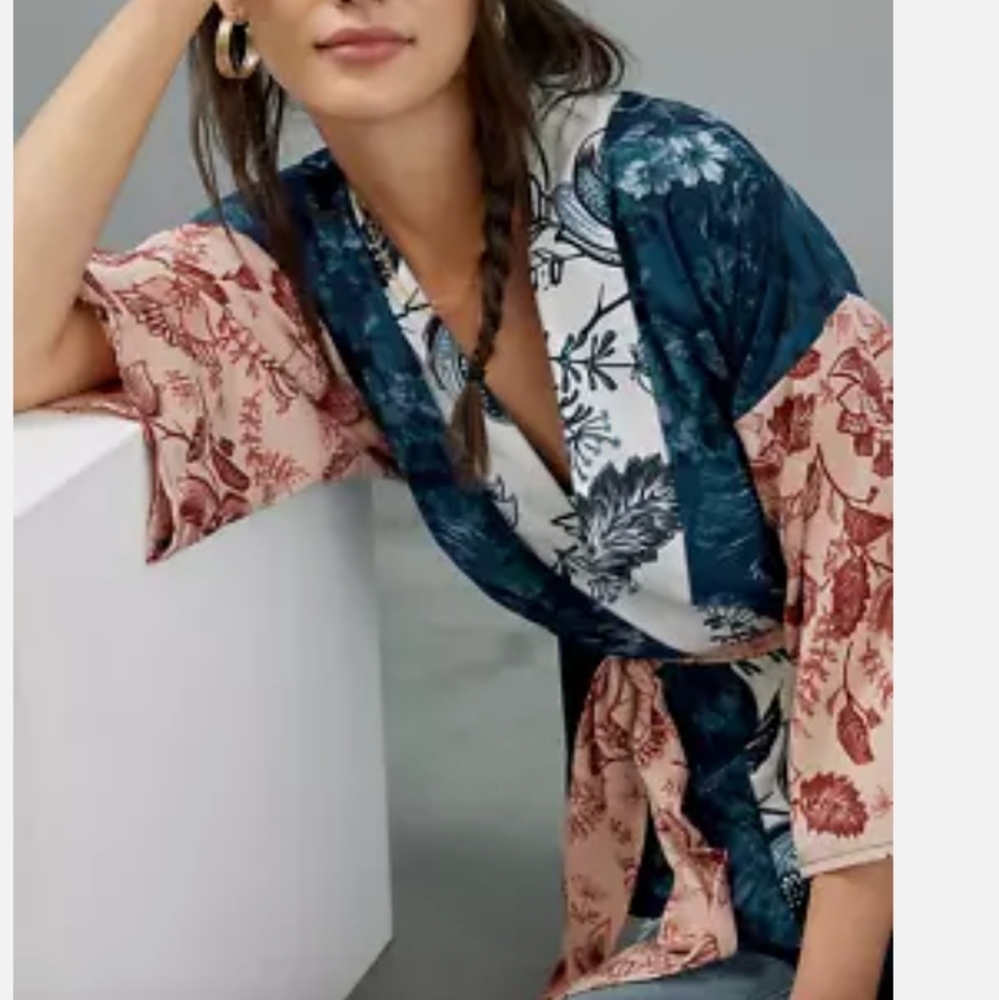 Anthropologie Kimono Wrap Colorful Floral Blue Red Pink White